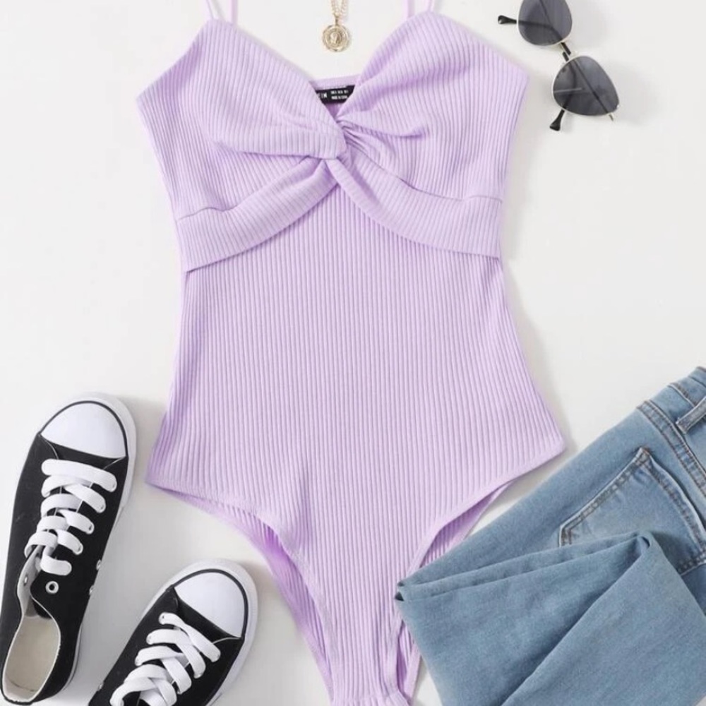 SHEIN Twist Front Rib-Knit Slip Bodysuit